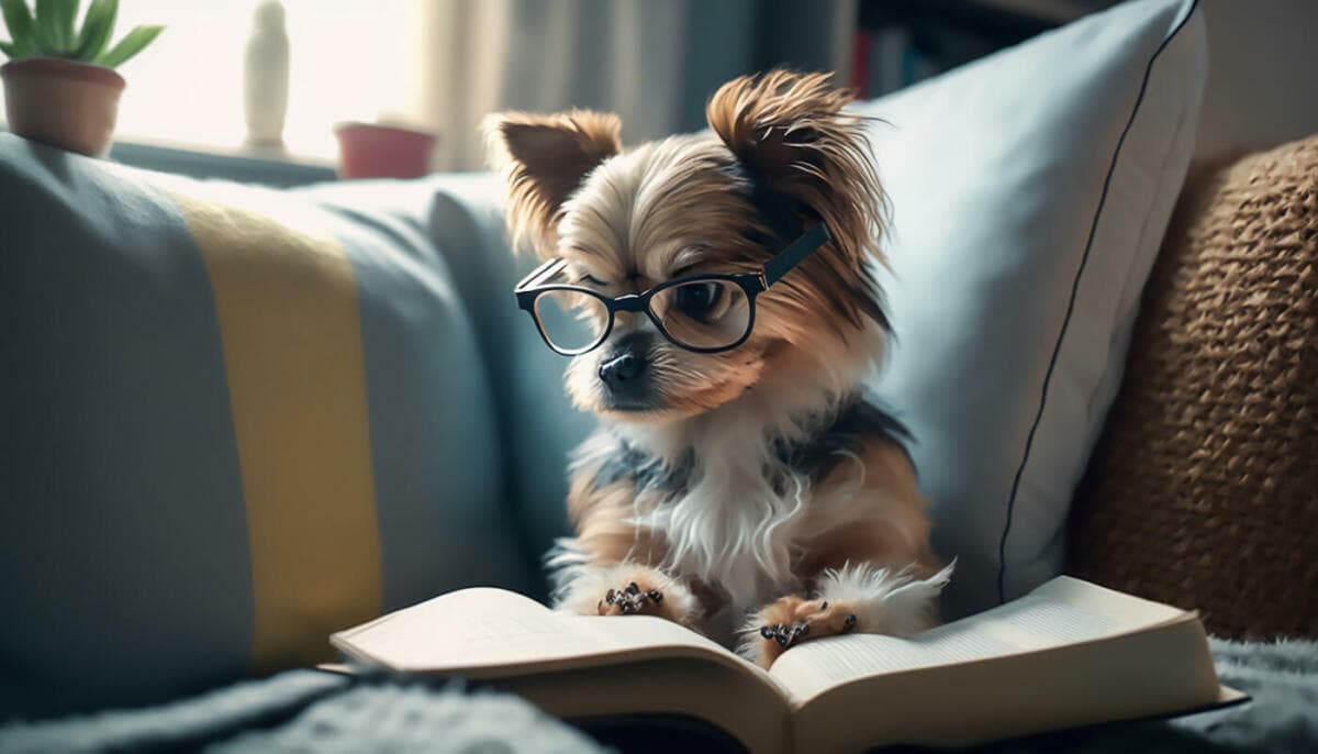 Hund mit Brille auf Sofa liest ein Buch