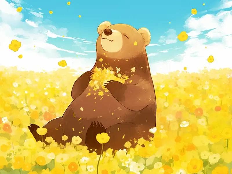 Cute brown bear in a flower meadow