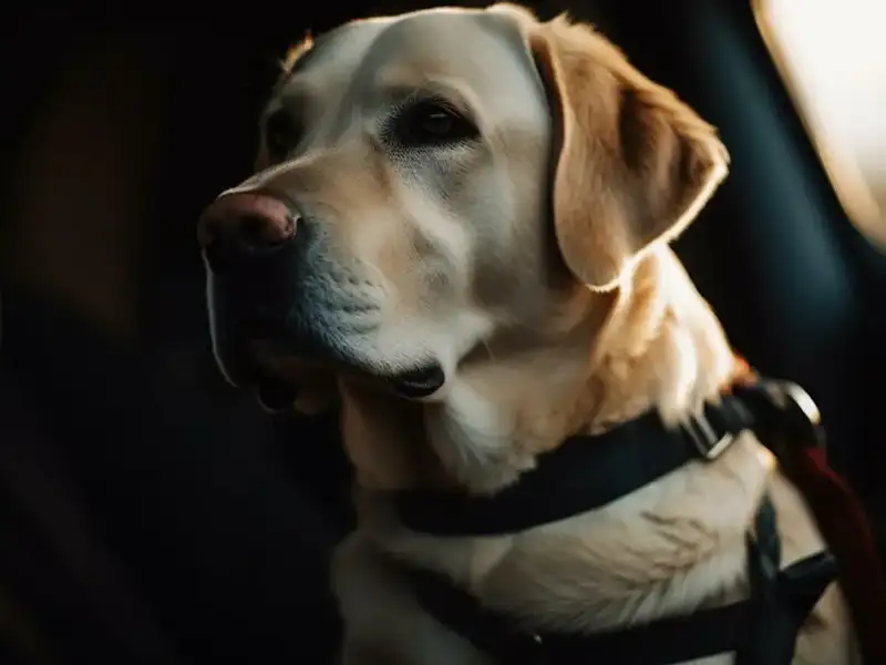 Labrador with harness in car
