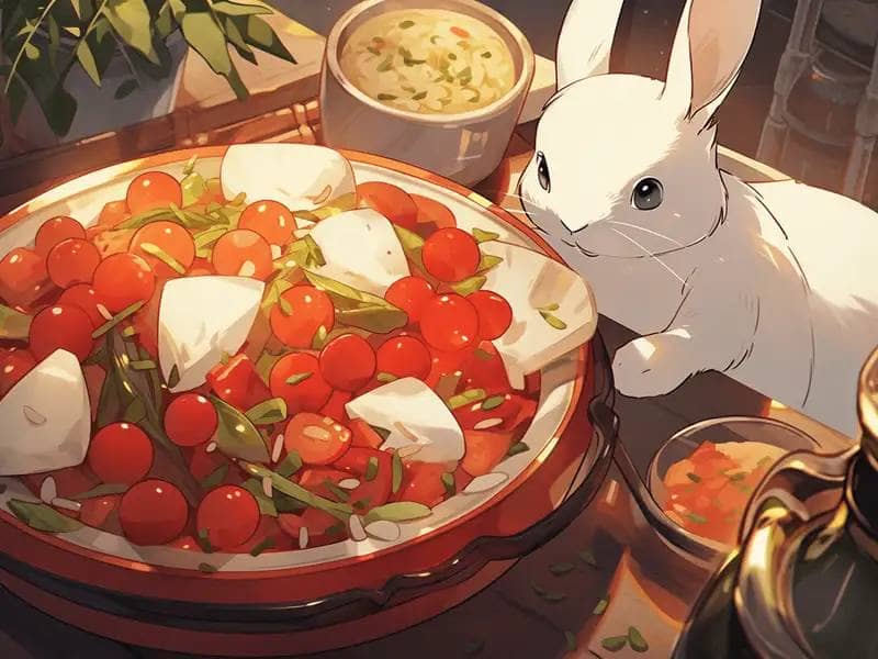 Kaninchen und eine Schüssel Tomaten