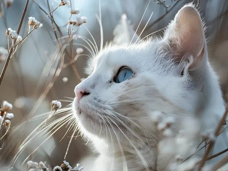 Biały kot z niebieskimi oczami na polu kwiatów
