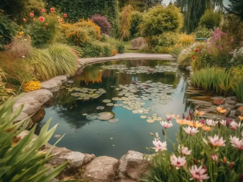 Idyllic pond with many colorful plants