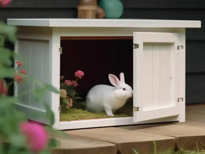 White rabbit in a white house on a porch