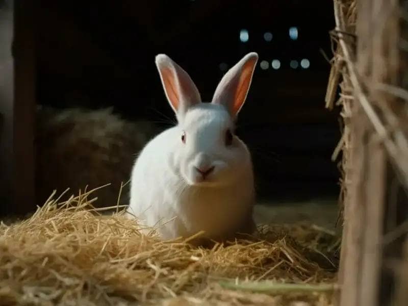 white rabbit sitting on hay in a barn