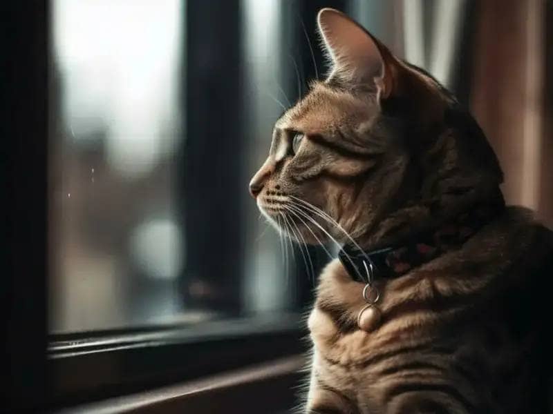 Tabby cat looking out the window