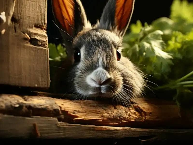 Bunny on a wooden beam surrounded by parsley