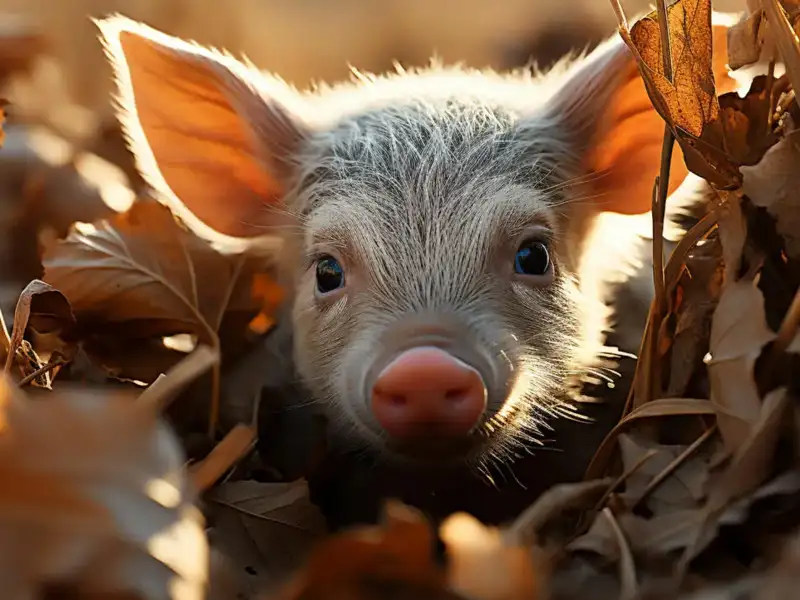 Mini Schwein umgeben von getrockneten Blättern