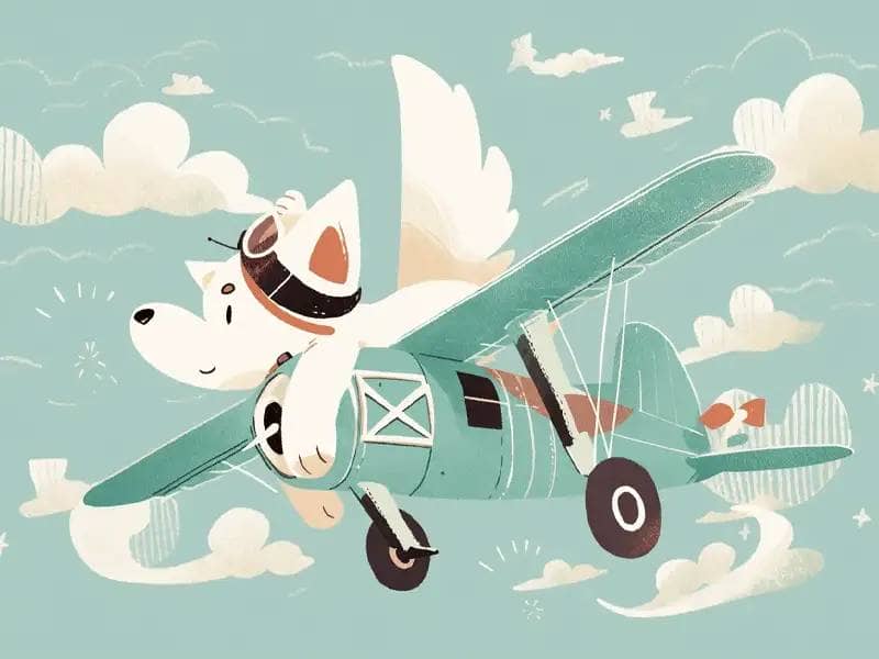 White dog on blue airplane